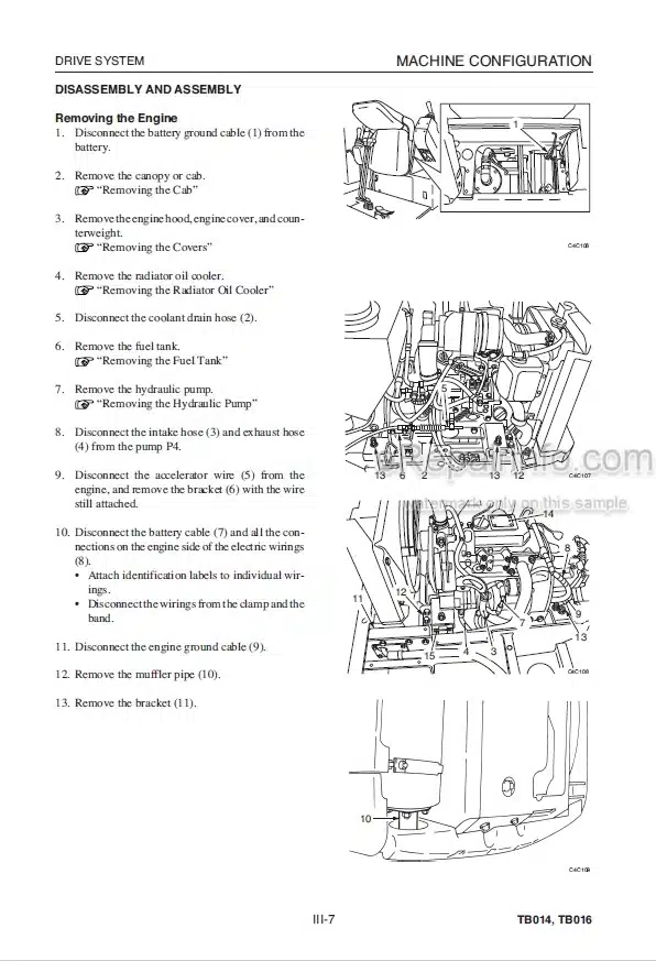 Photo 7 - Takeuchi TB014 TB016 Operators Manual Compact Excavator 114100752- 116110802-