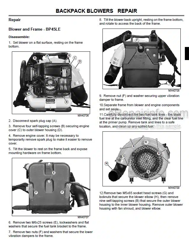 Photo 1 - John Deere BP45LE BP65LE Technical Repair Manual Backpack Blower TM104119