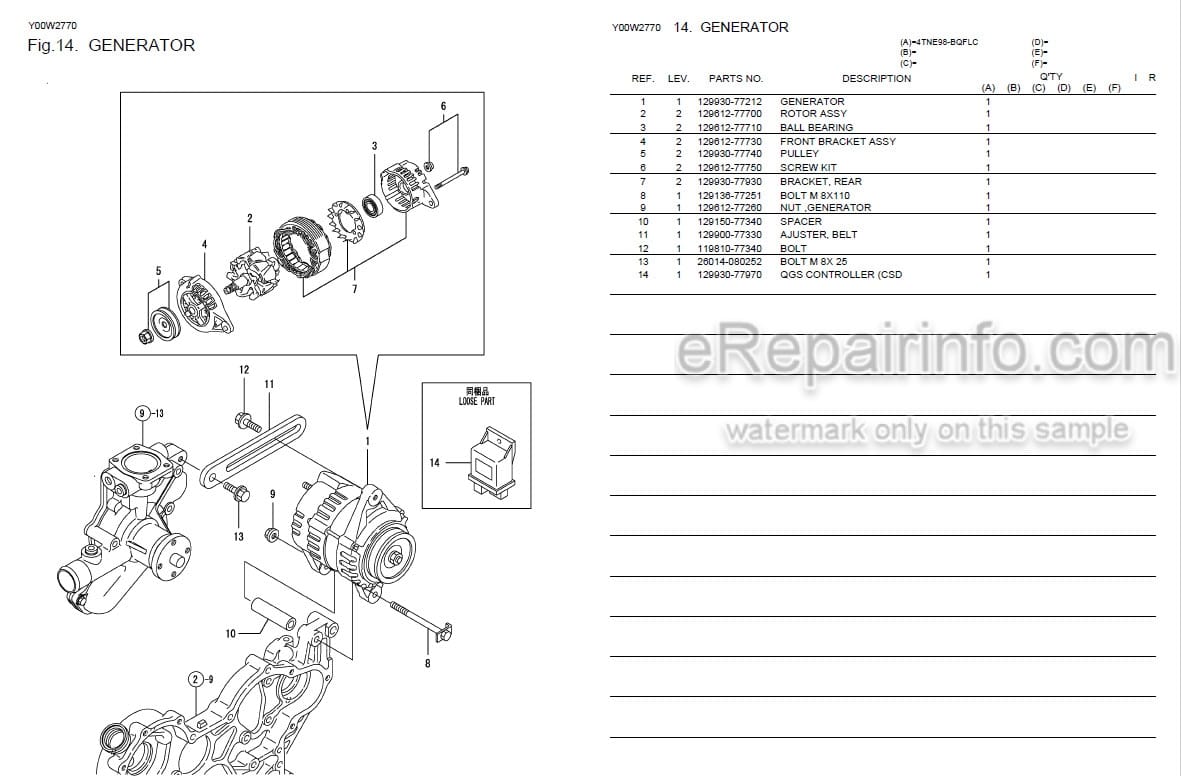 Photo 3 - Yanmar 4TNE98-BQFLC Parts Manual Engine Y000Y00W2770