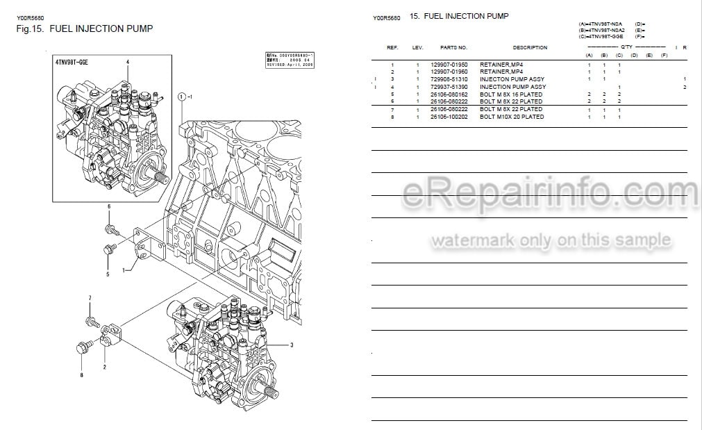 Photo 7 - Yanmar 4TNV98T-GGE Parts Catalog Engine Y00R5680