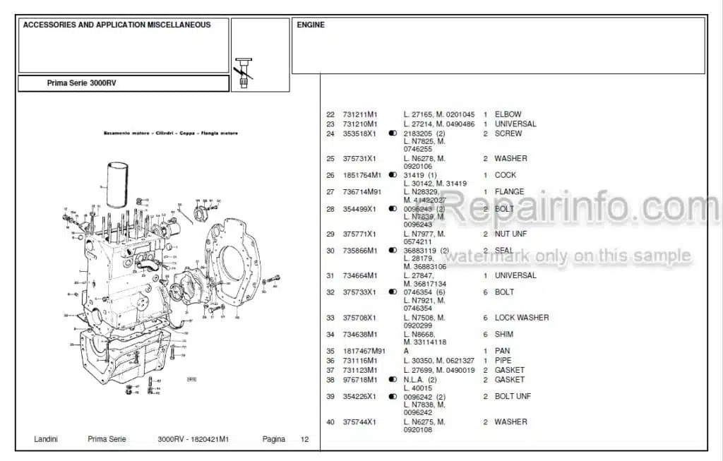 Photo 1 - Landini First Series 3000RV Parts Catalog Tractor 1820421M1
