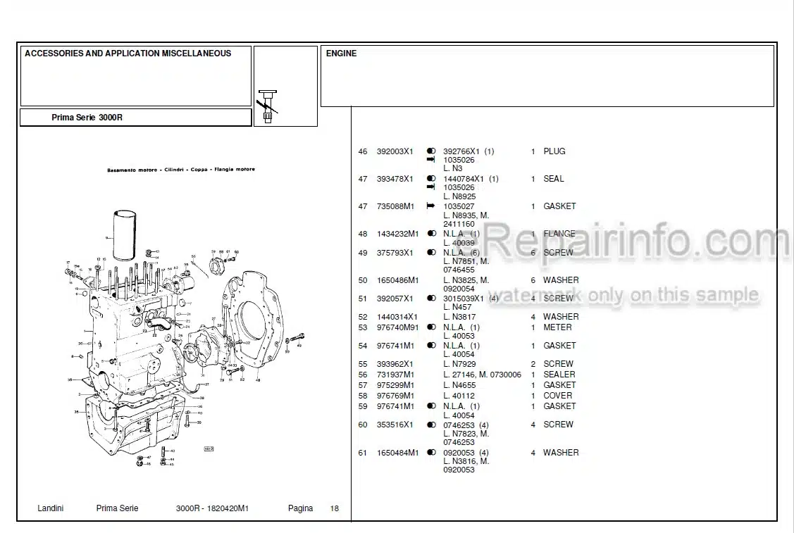 Photo 5 - Landini First Series 3000RV Parts Catalog Tractor 1820421M1